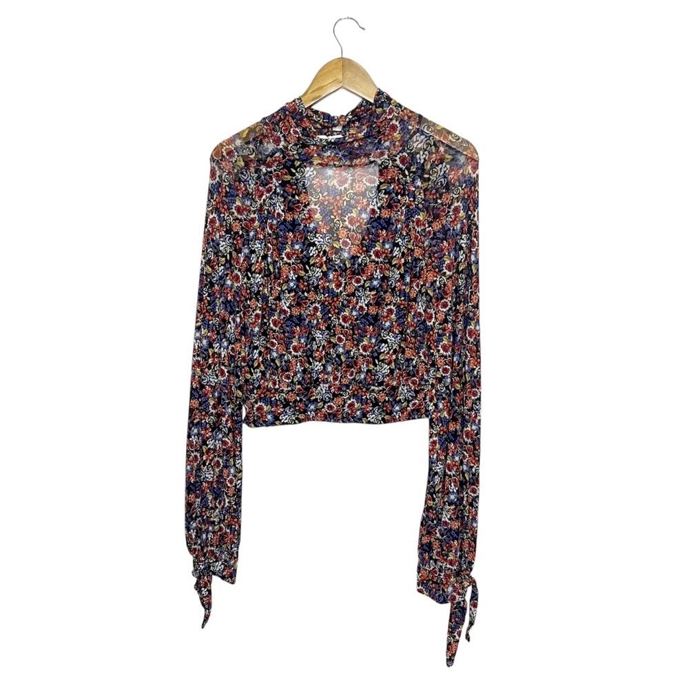 Free People All Dolled Up Mesh Sheer S Floral Long Sleeve Top Balloon High Neck - Picture 2 of 11